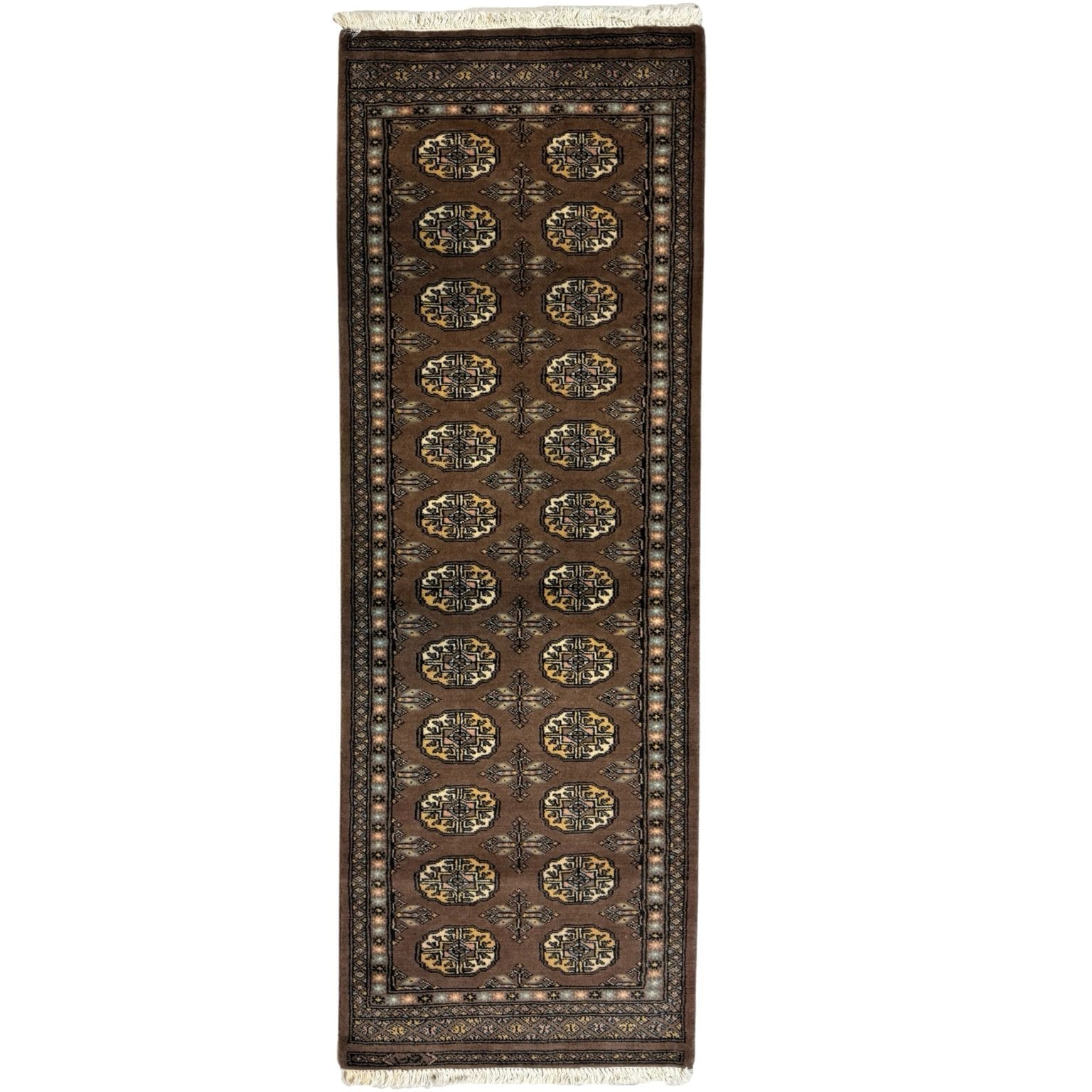 IMG_0558 184 x 63cm Hand Knotted Karachi Bokhara – Brown Rug - Image 1