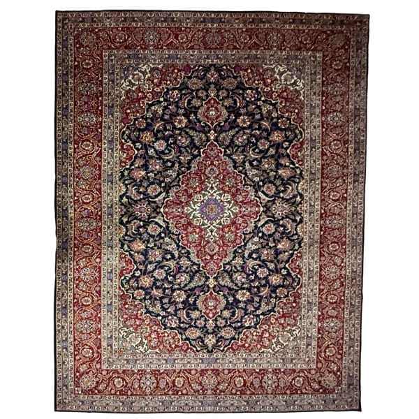 410 x 304cm Kashan Persian Rug – Navy & Red Floral Medallion Design