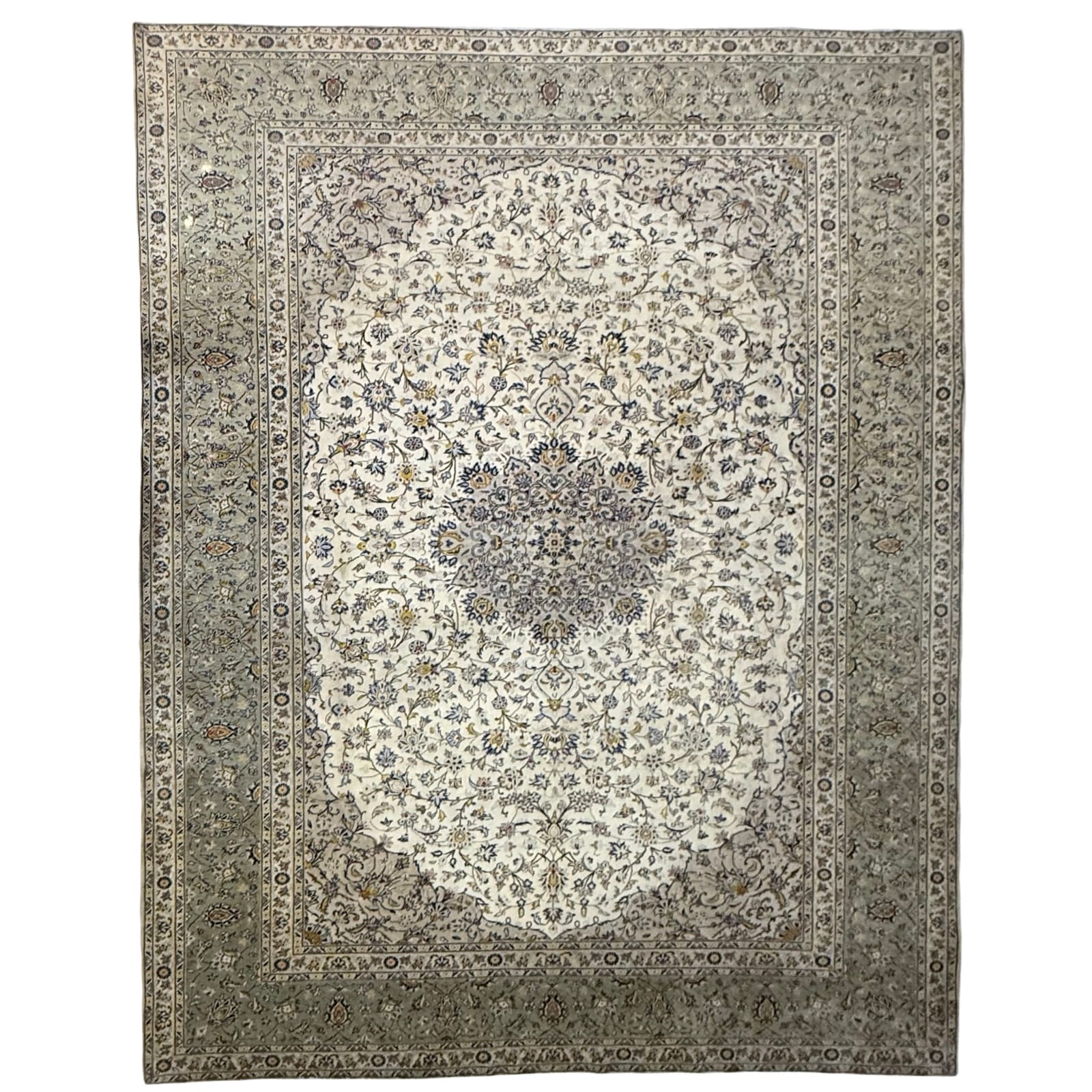 IMG_2311 386 x 290 cm Hand-Knotted Persian Kashan Rug – Light Green Border - Image 1