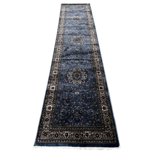 400 x 80cm Turkish Machine Made Blue Kashan Design Runner Rug