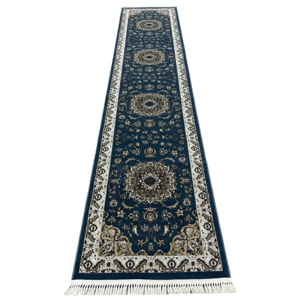 400 x 80cm Persian Mashad Design Blue Carpet Runner | Elegant Pattern