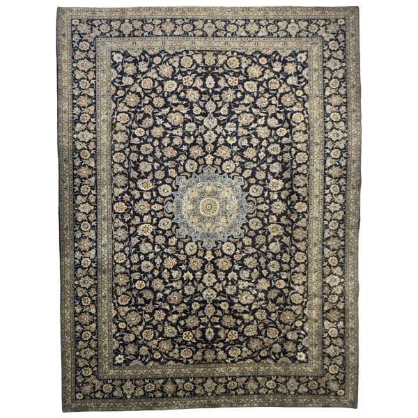 395 x 280cm Persian Navy Kashan Hand-Knotted Wool Rug