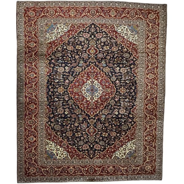 392 x 295cm Signed Hand Knotted Persian Navy Kashan Rug