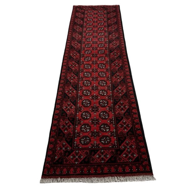290 x 81cm Hand Knotted Red Afghan Bokhara Runner Rug