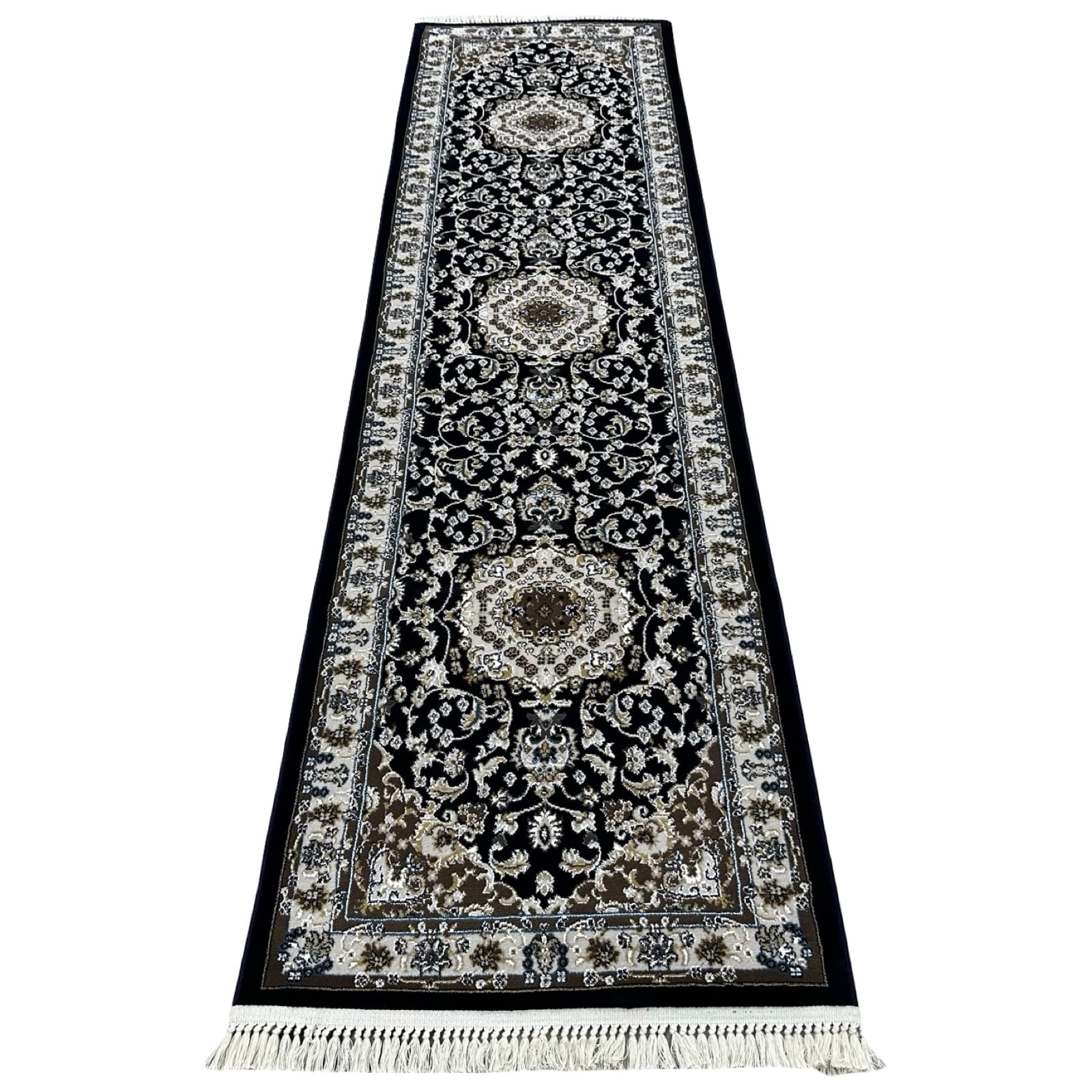 rn 300_1 300 x 80cm Medallion Pattern Mashad Design Navy Runner Rug - Image 1