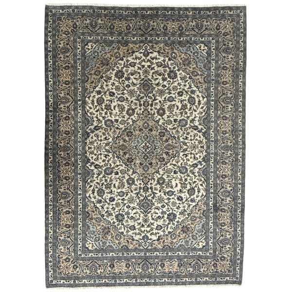 355 x 248cm Hand Knotted Ivory And Beige Kashan Persian Rug