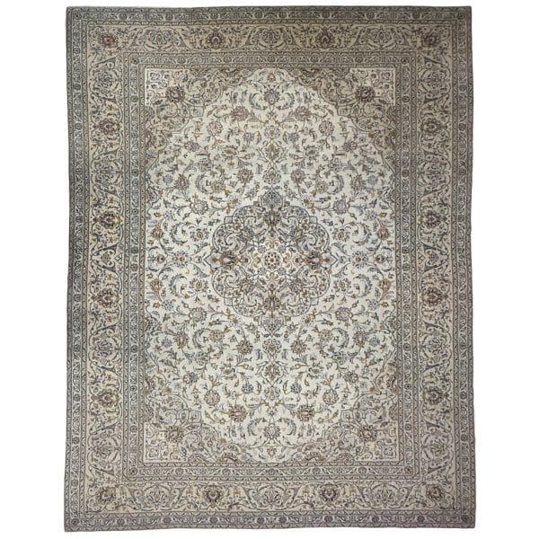406 x 300cm Hand-Knotted Persian Kashan Rug – Ivory & Blue Tones