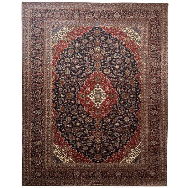 384 x 282cm Floral Navy Hand Knotted Persian Kashan Rug