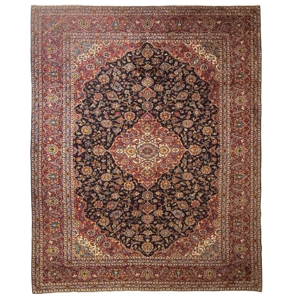 393 x 300cm Floral Navy Vintage Hand Knotted Persian Kashan Rug