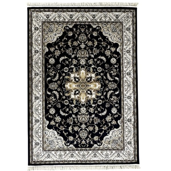 230 x 160cm Persian Kashan Floral Medallion Deep Navy Machine Made Rug