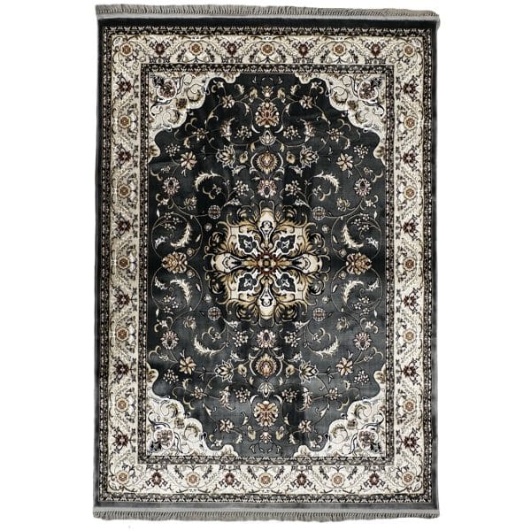 230 x 160cm Persian Kashan Floral Medallion Grey Machine Made Rug