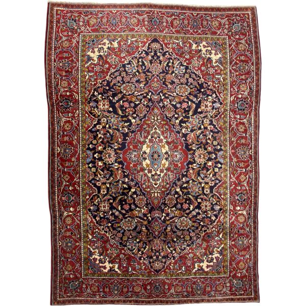 288 x 196cm Hand Knotted Floral Persian Kashan Navy Wool Rug
