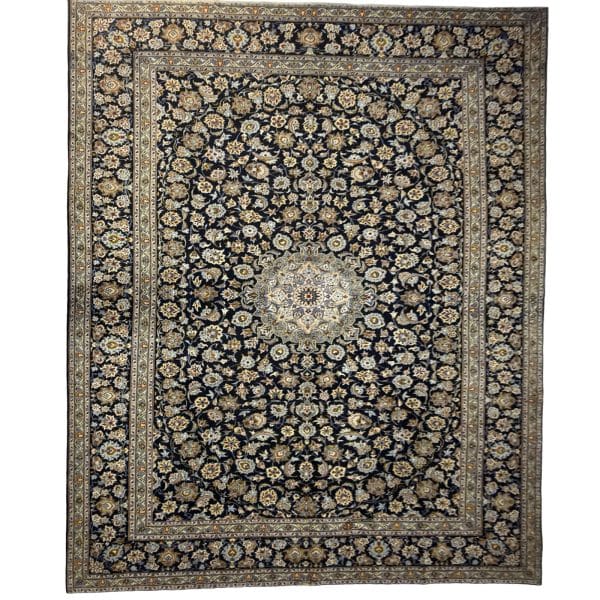 412 x 314cm Hand Knotted Persian Medallion Kashan Navy Rug