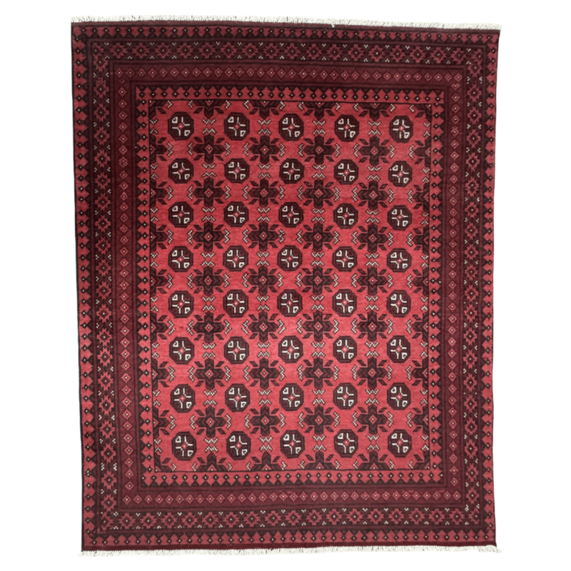 194cm x 154cm Hand-Knotted Red Bokhara Afghan Akche – Wool Rug