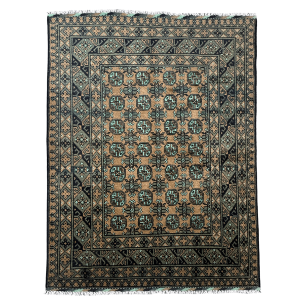 194cm x 149cm Hand-Knotted Green Bokhara Afghan Akche – Wool Rug
