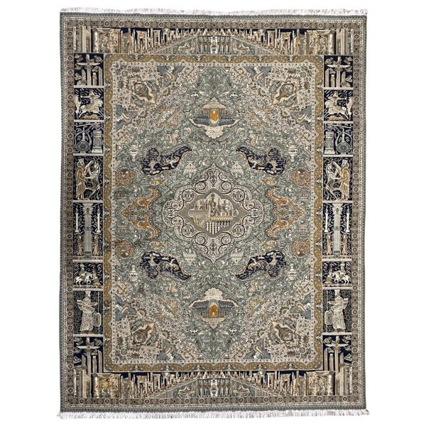 400 × 300cm Large Size Persian Pictorial Persepolis Design Olive Green Rug HT