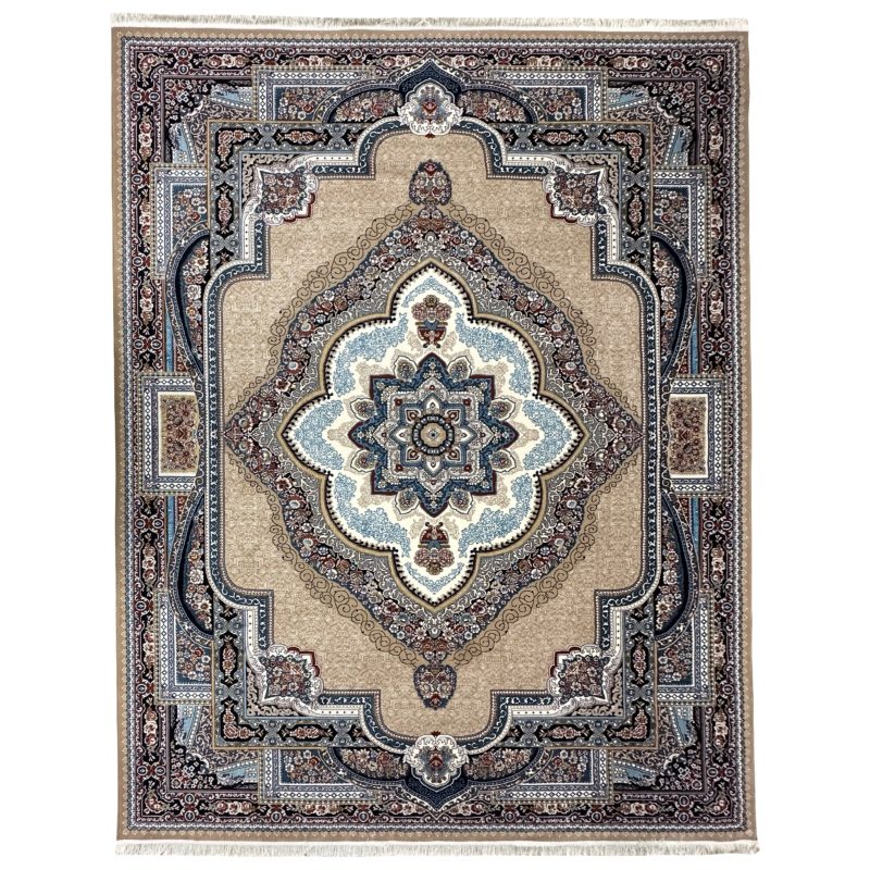 Beige & Blue Medallion Machine-Made Rug – Elegant