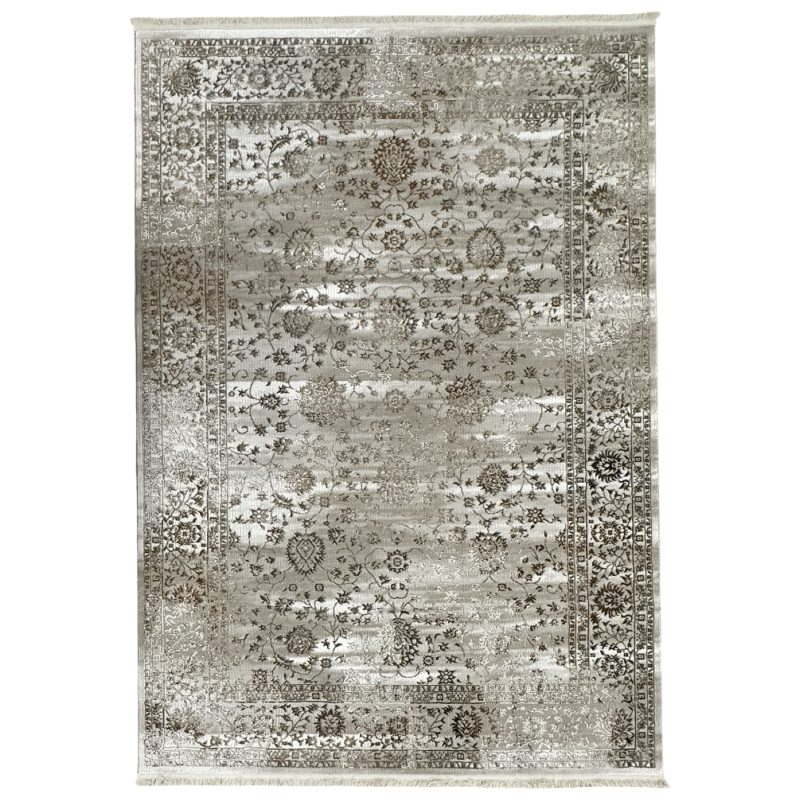230×160cm Vintage Persian Floral Rug – Taupe & Ivory Distressed Traditional Carpet