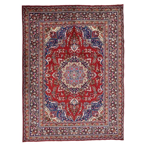 350 x 250 cm Hand Knotted Sabzevar Mashad Persian Rug – Red Medallion Design