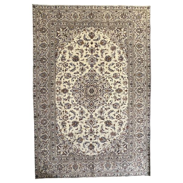 294cm x 190cm Hand-Knotted Floral Persian Kashan Cream Rug