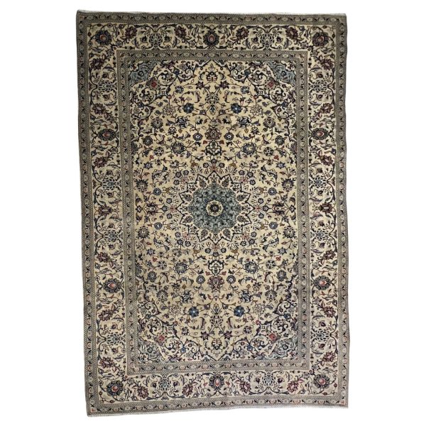298 x 200 cm Hand-Knotted Floral Persian Kashan Cream Rug