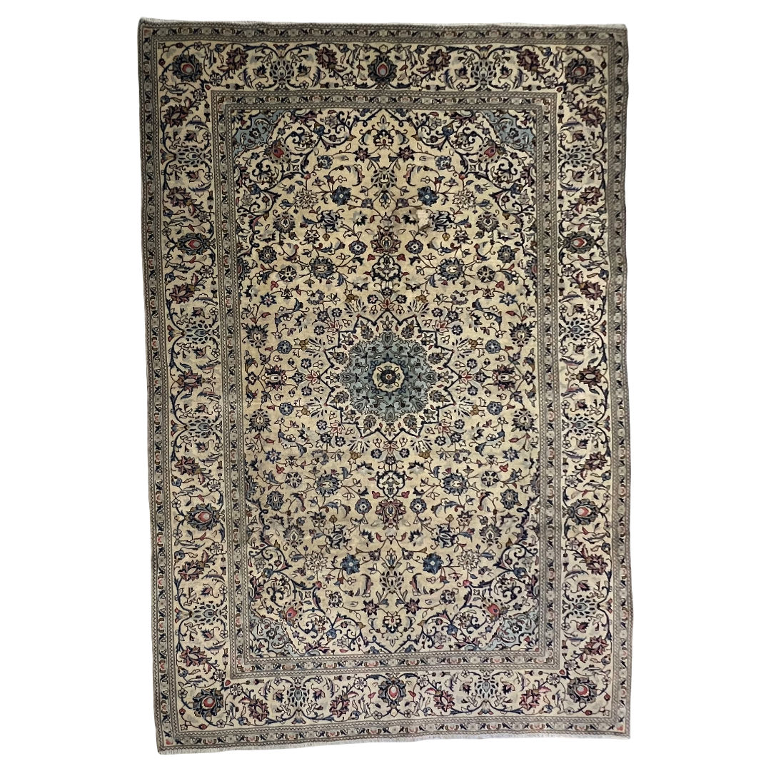 298 x 200 cm Hand-Knotted Floral Persian Kashan Cream Rug