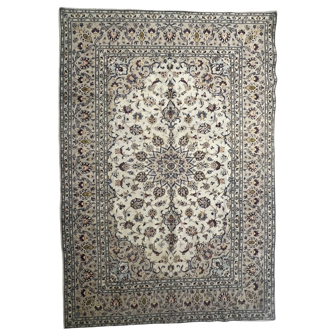 292cm x 192cm Hand-Knotted Floral Persian Kashan Cream Rug