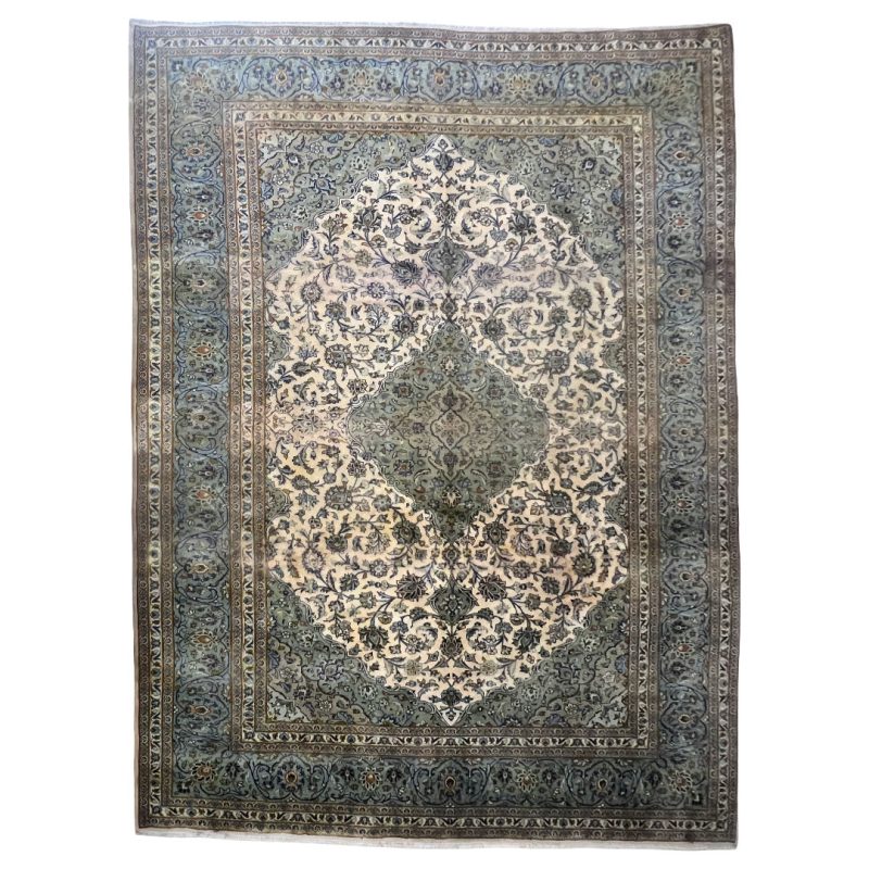 367cm x 255cm Hand-Knotted Floral Persian Kashan Olive Green Rug