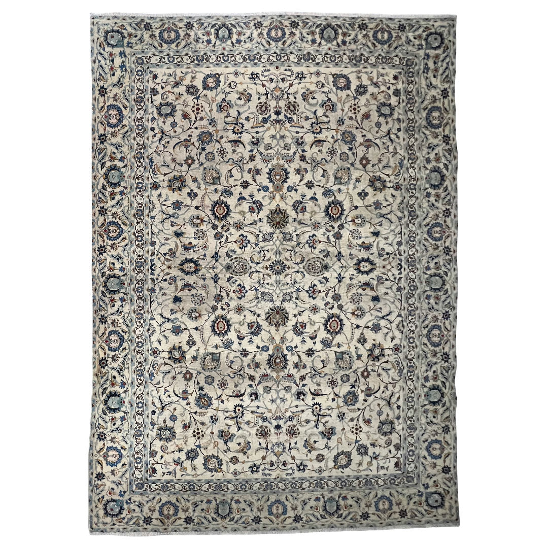 368cm x 240cm Hand-Knotted Floral Persian Kashan Cream Rug