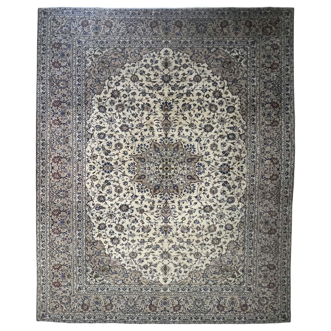 388 x 300cm Hand-Knotted Floral Persian Kashan Cream Rug
