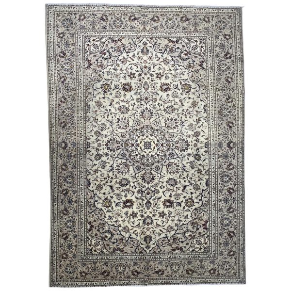 295cm x 194cm Hand-Knotted Floral Persian Kashan Cream Rug