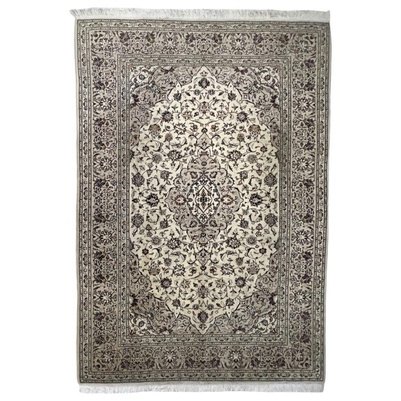 290cm x 193cm Hand-Knotted Floral Persian Kashan Cream Rug