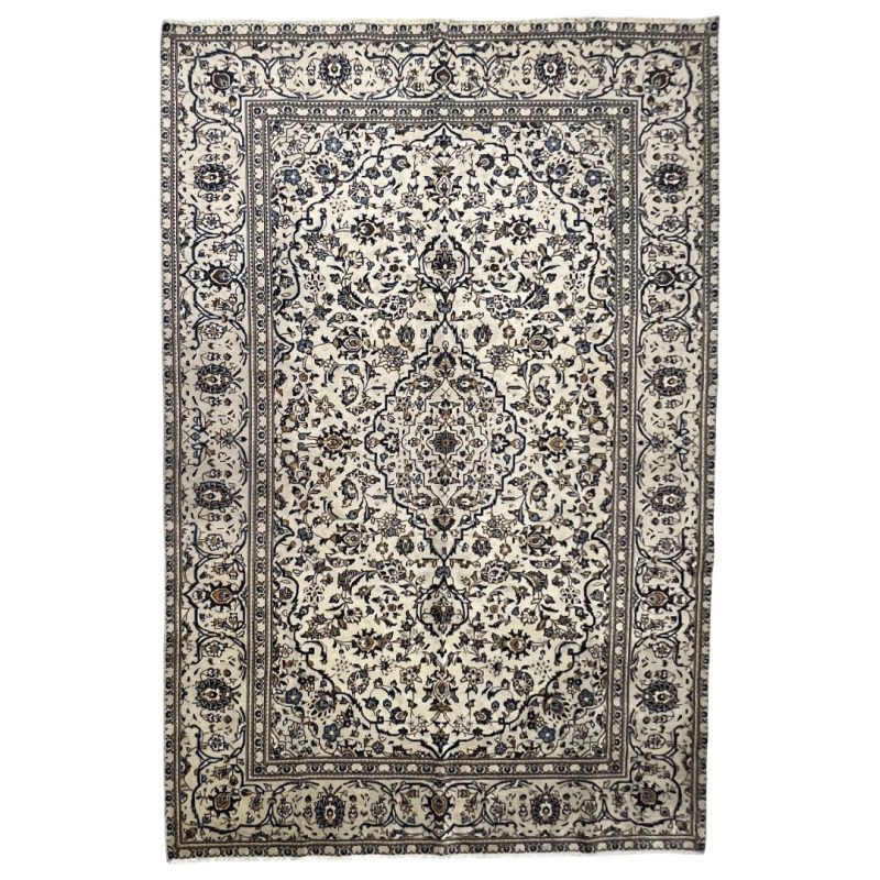 300cm x 188cm Hand-Knotted Persian Floral Cream Kashan – Wool Rug