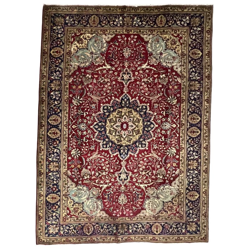 290cm x 200cm Hand-Knotted Persian Floral Mashad – Wool Rug