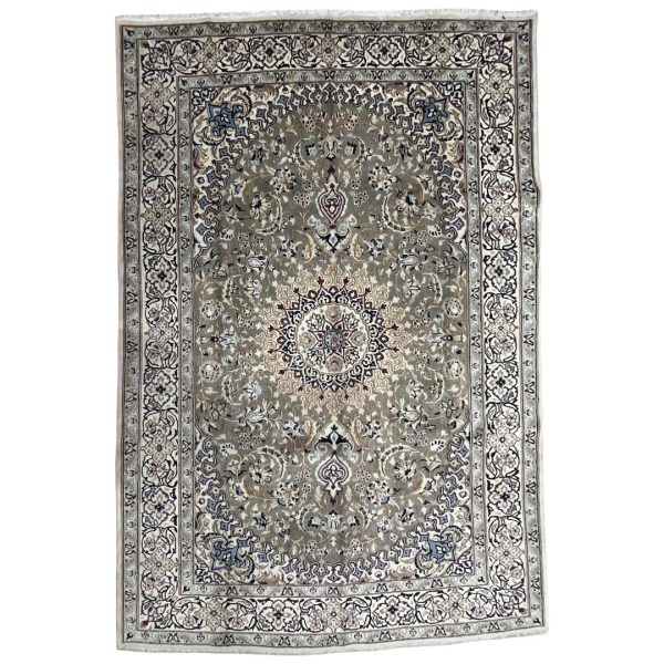 305 x 197cm Hand-Knotted Persian Nain Olive Green & Blue Floral Rug
