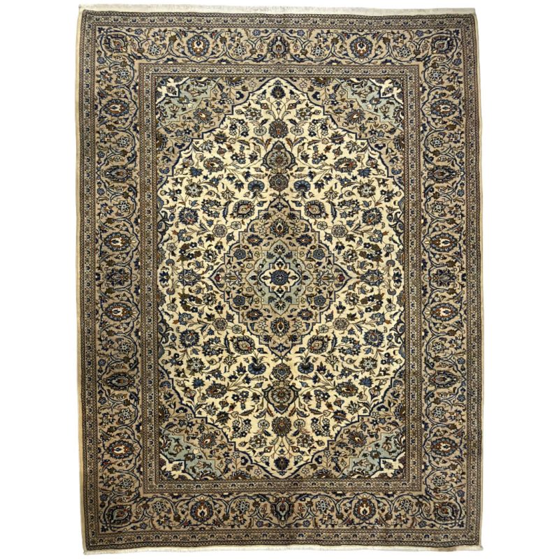 338 x 243cm Hand Knotted Kashan Persian Ivory & Blue Rug
