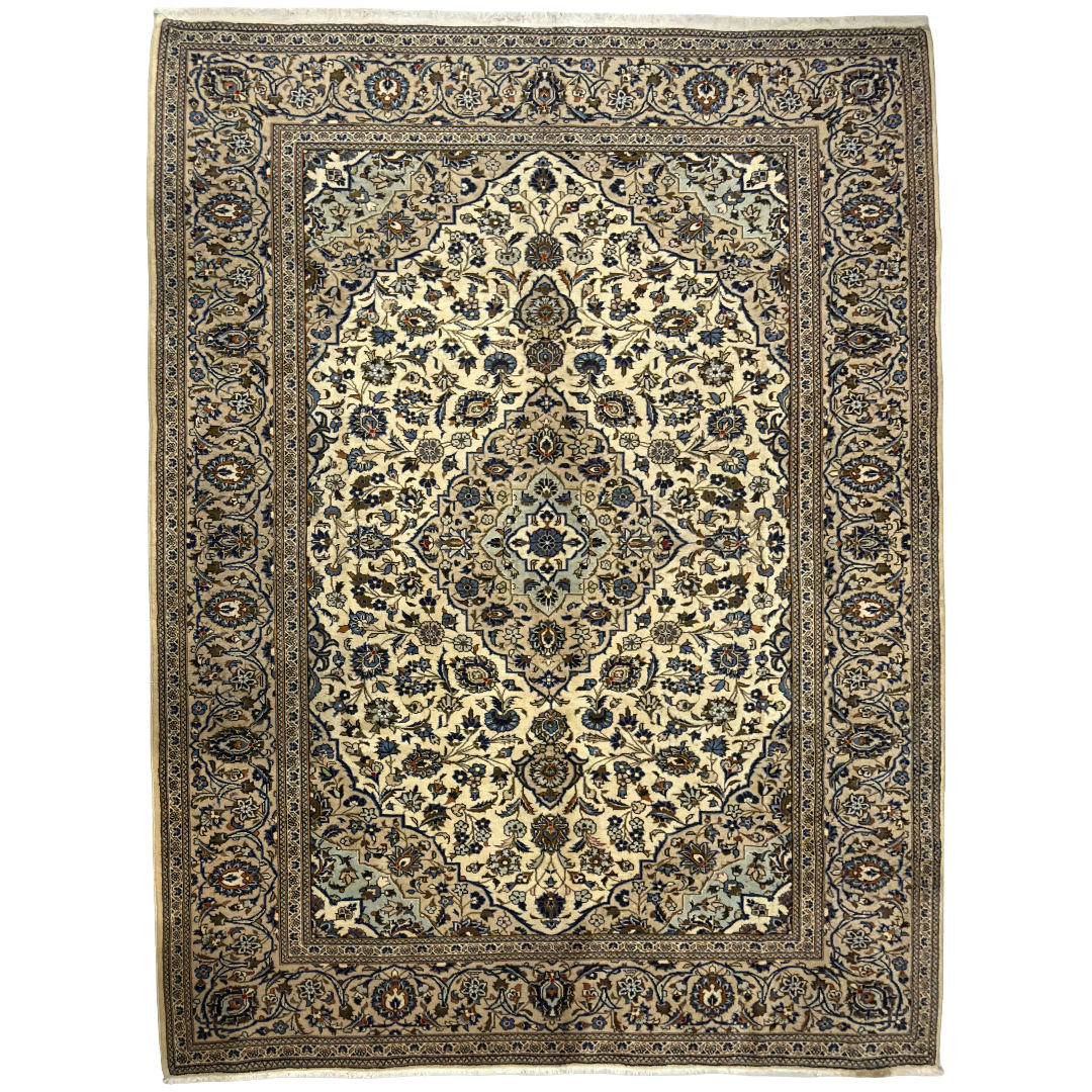 338 x 243cm Hand Knotted Kashan Persian Ivory & Blue Rug