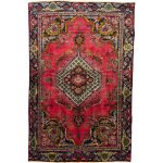 285 x 180cm Vintage Persian Sabzevar Mashad Rug – Bold Red Field with Tribal Medallion