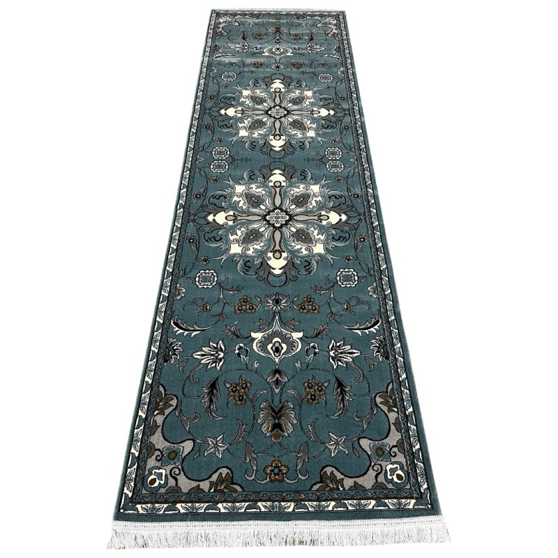 Duck Egg Blue Tabriz Floral Medallion Persian Runner Rug