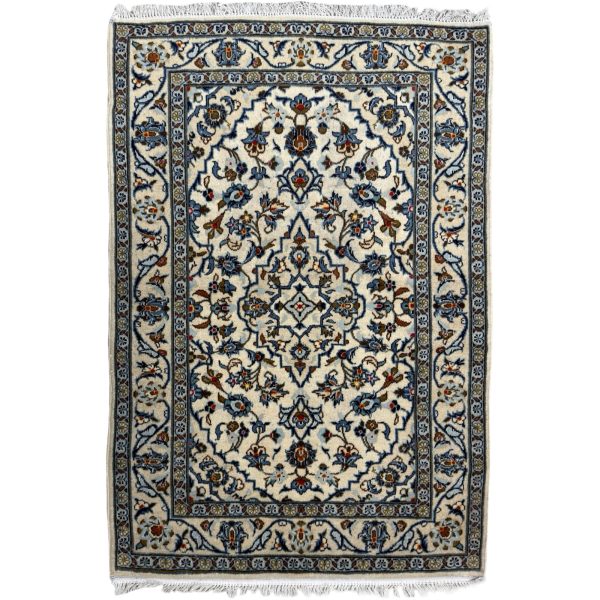 151 x 100cm Hand Knotted Persian Kashan Ivory Floral Medallion Rug