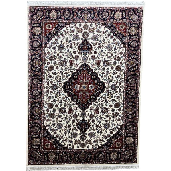 Ivory & Cream Iranian Kashan Medallion Design Rug