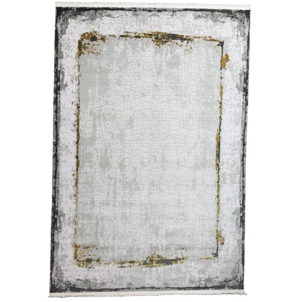 Grey White Abstract Border Rug