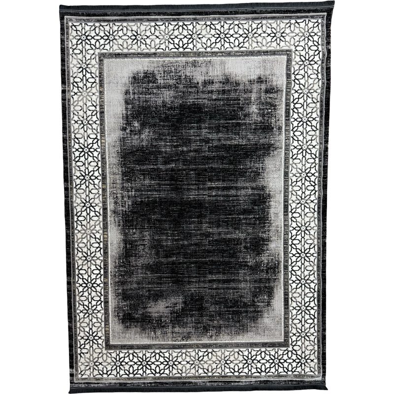 Black White Geometric Border Turkish Rug