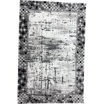 Black Grey Check Border Abstract Distressed Rug