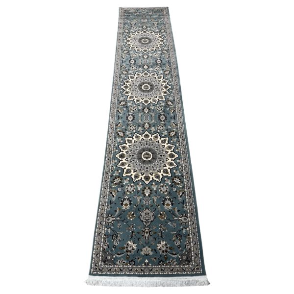400 x 80cm Persian Mashad Floral Design Blue Carpet Runner Rug