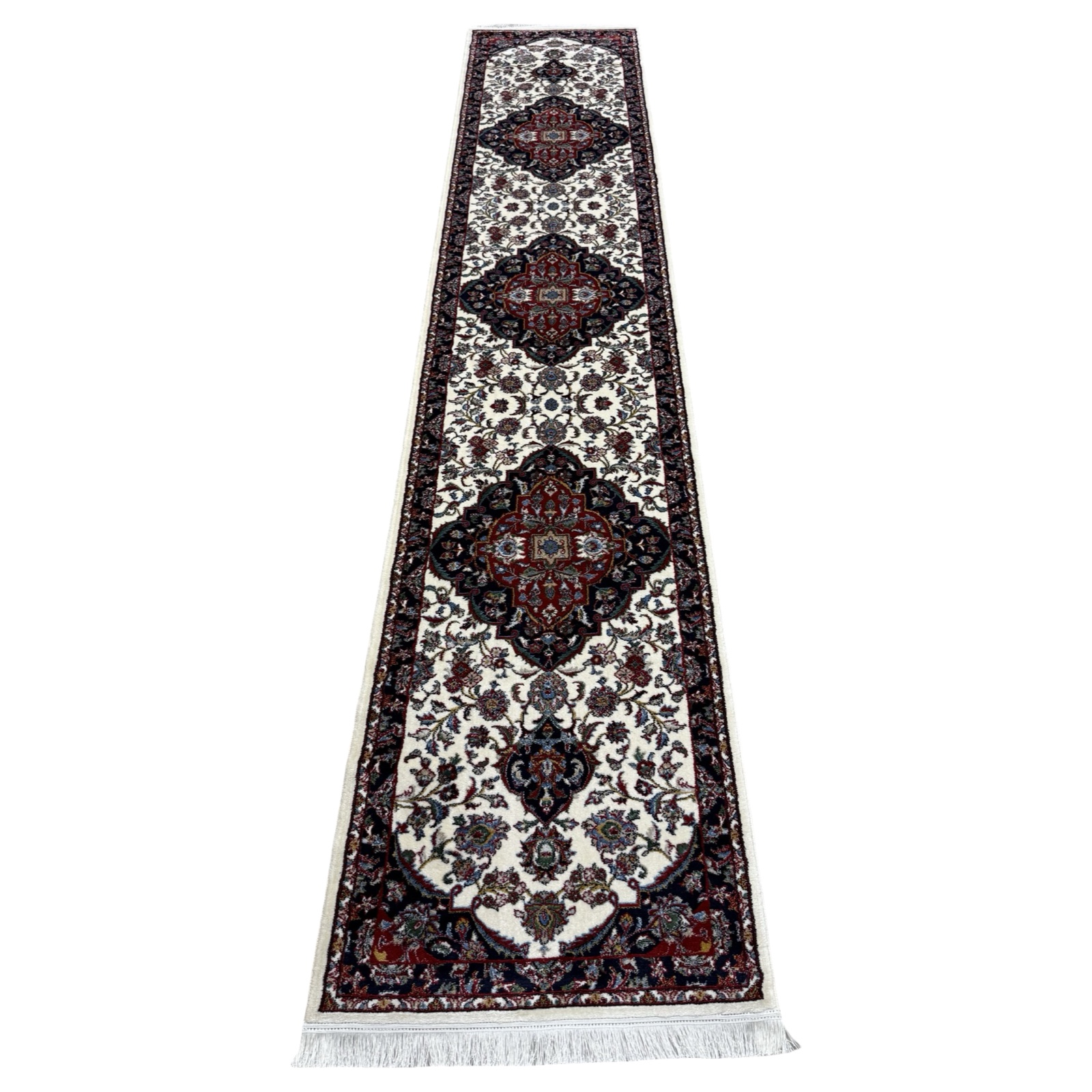 abcdefgbajsjd_1 400 x 80cm Iranian Kashan Design Medallion Cream/Red Runner Rug - Image 1