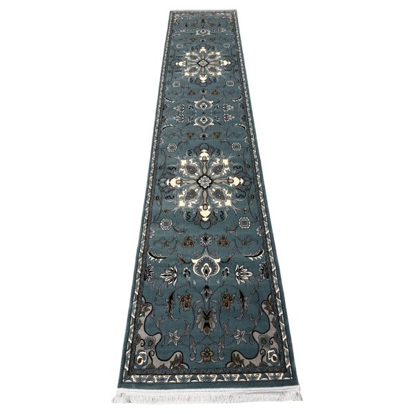 400 x 80cm Persian Mashad Floral Medallion Design Blue  Runner Rug