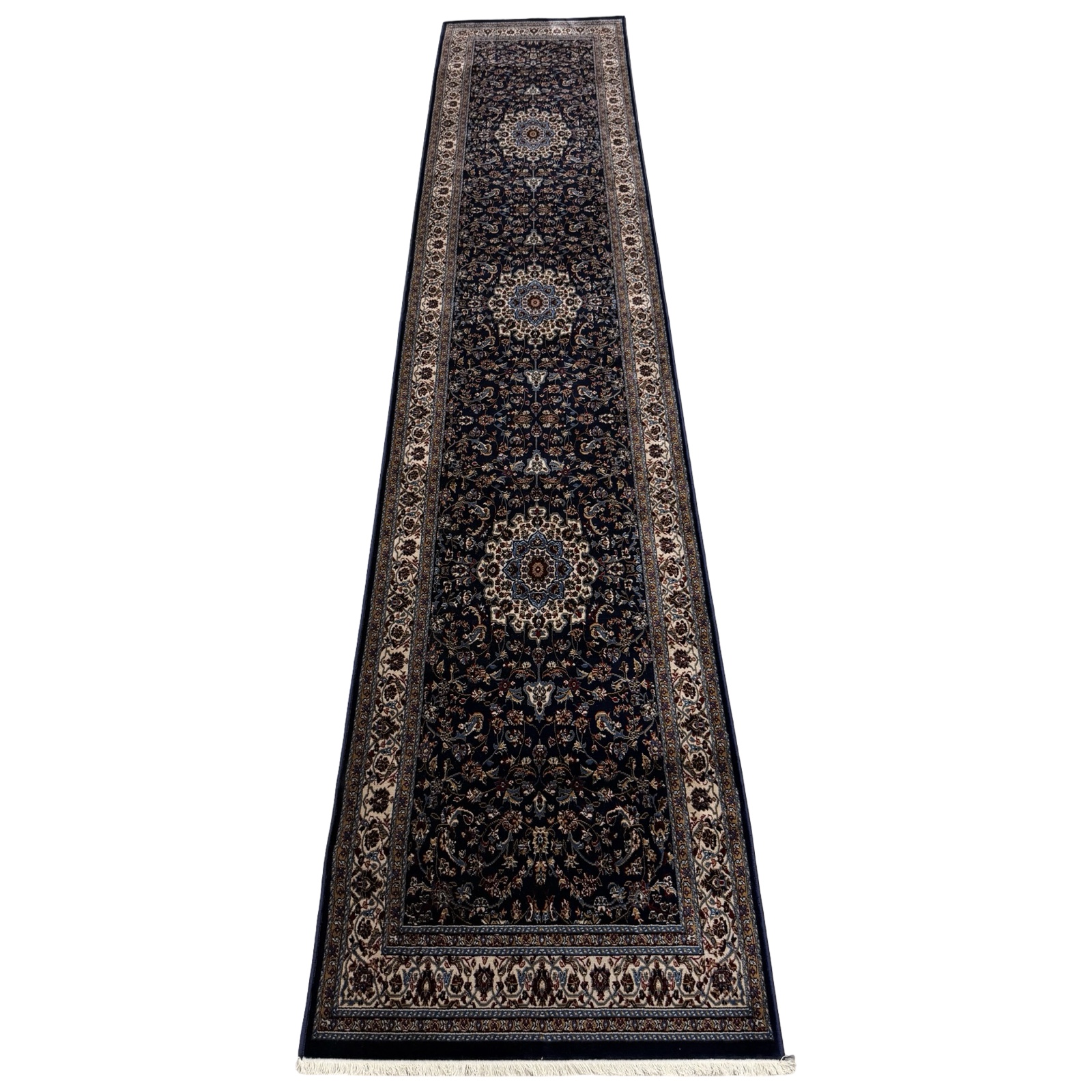 bajsbsbbbbb_40 400 x 80cm Persian Kashan Floral Design Navy Soft Quality Runner Rug - Image 1