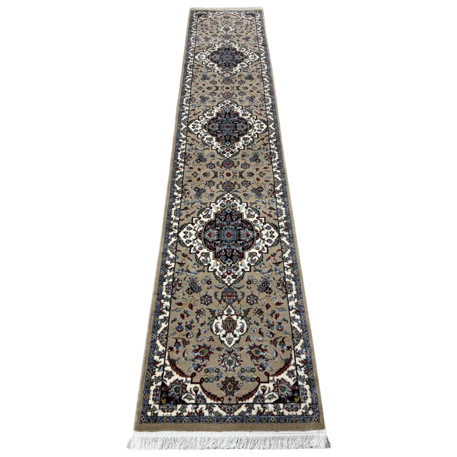 gahajs_18 400 x 80cm Iranian Kashan Design Medallion Beige Runner Rug - Image 1