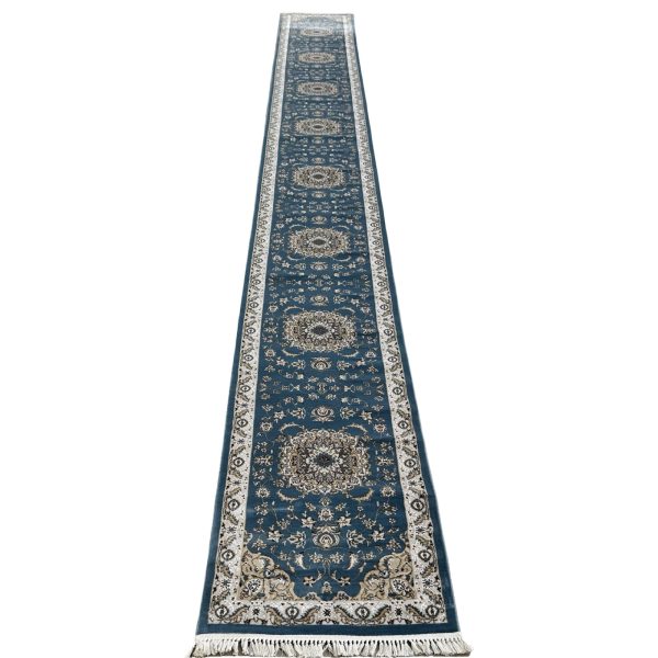 800x80cm Teal Blue Isfahan Persian Floral Medallion Runner Rug